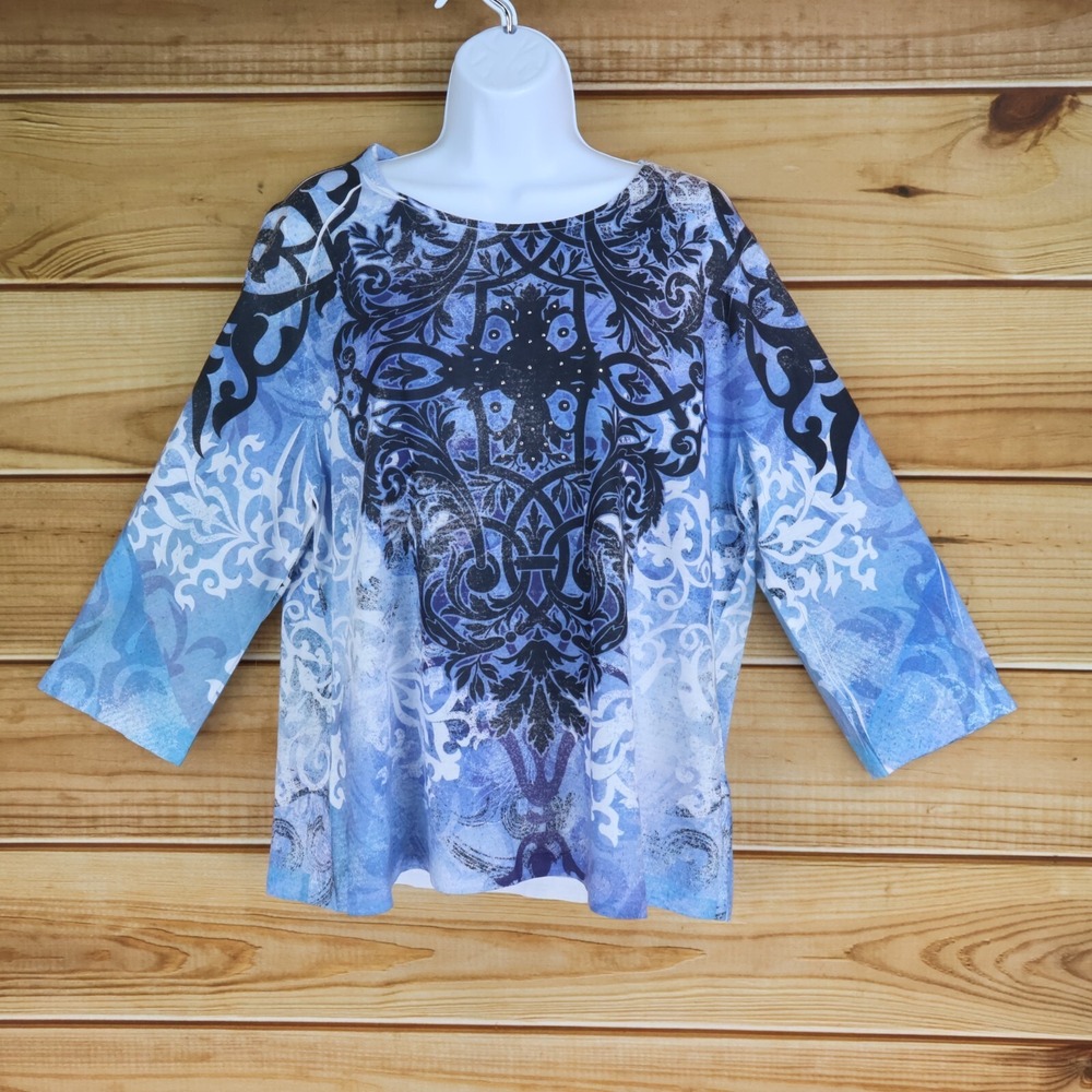 Breckenridge 3/4 Sleeve Shirt Womens Size XL Blue Floral 100% Polyester Studded